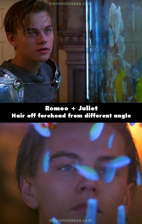 Phim Romeo and Juliet, cảnh Romeo nhìn Juliet qua bể cá cảnh, kiểu tóc mái của Romeo thay đổi khi đổi góc quay.